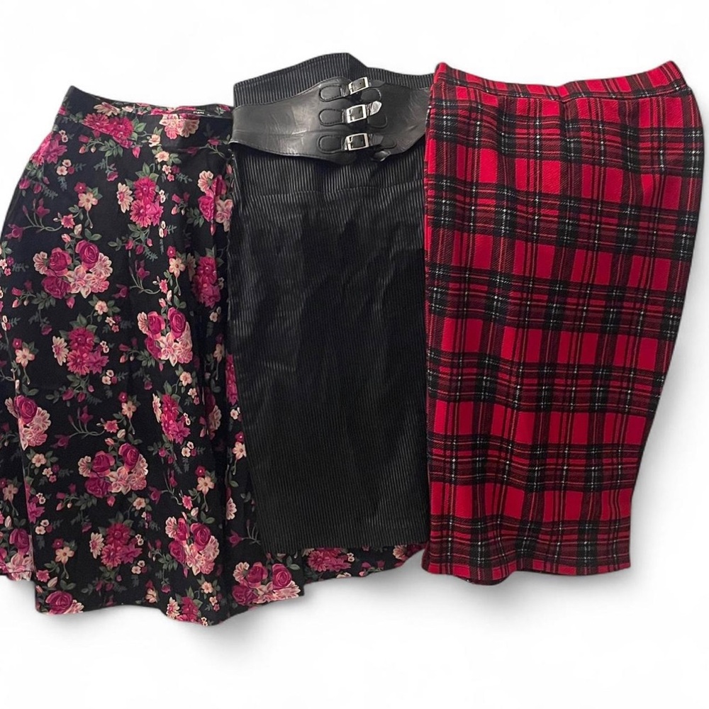 Mixed Women’s Skirts Pack - Black Floral, Black Leather-Look, Red Plaid